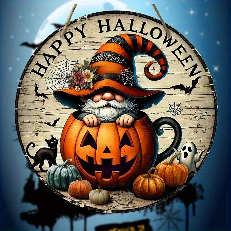 Halloween Wooden Round Sign with Pumpkin