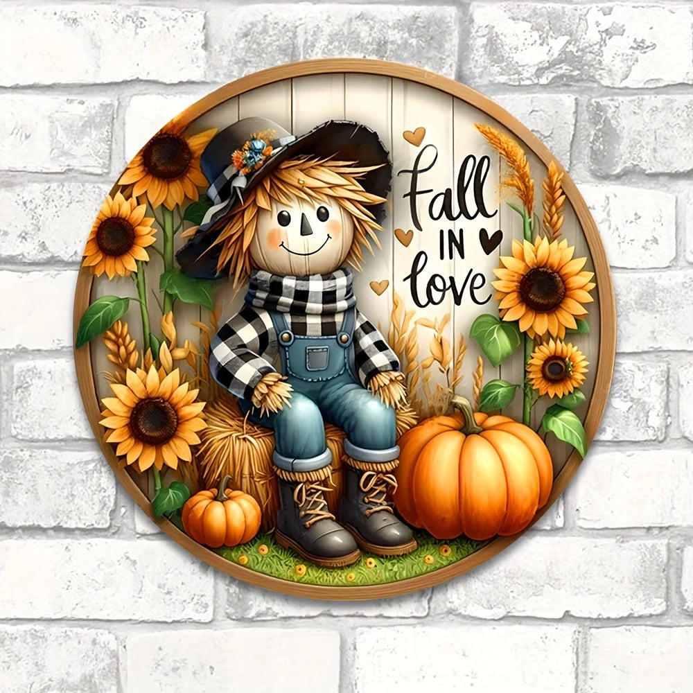 Round Scarecrow Fall Harvest Metal Sign