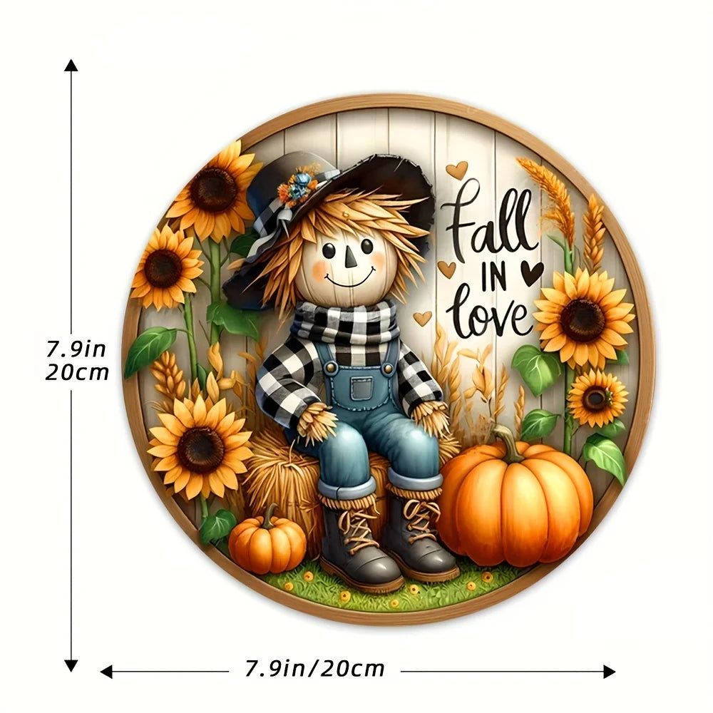 Round Scarecrow Fall Harvest Metal Sign