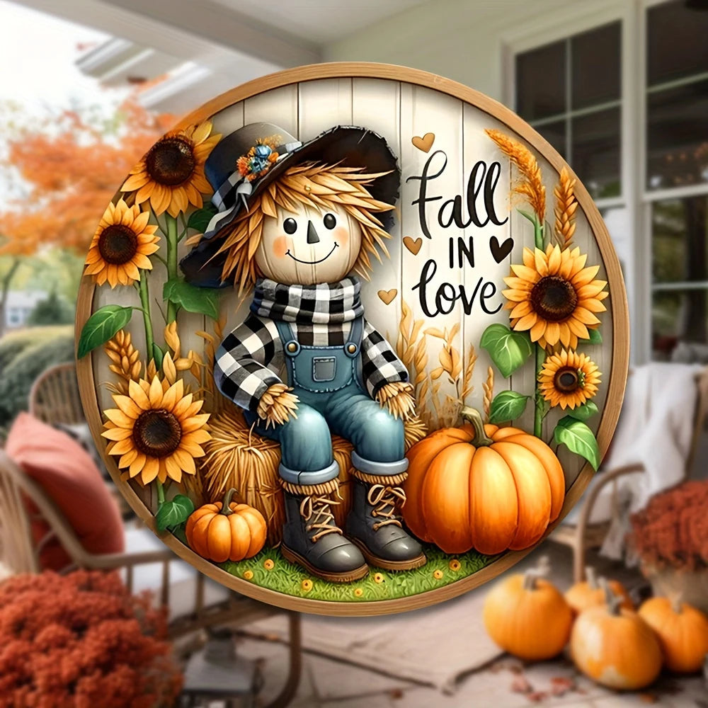Round Scarecrow Fall Harvest Metal Sign