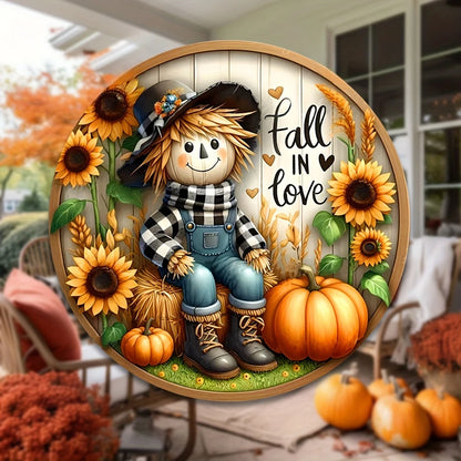 Round Scarecrow Fall Harvest Metal Sign