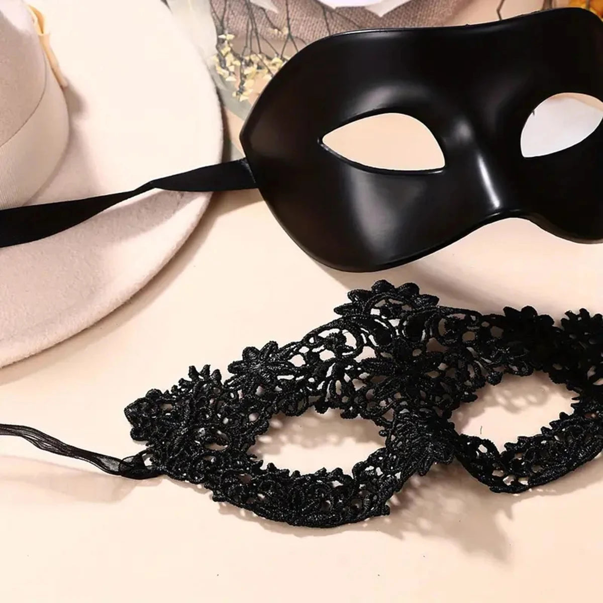 Elegant Black Lace Masquerade Mask Set