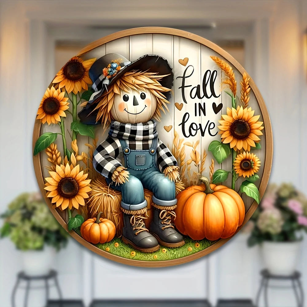 Round Scarecrow Fall Harvest Metal Sign