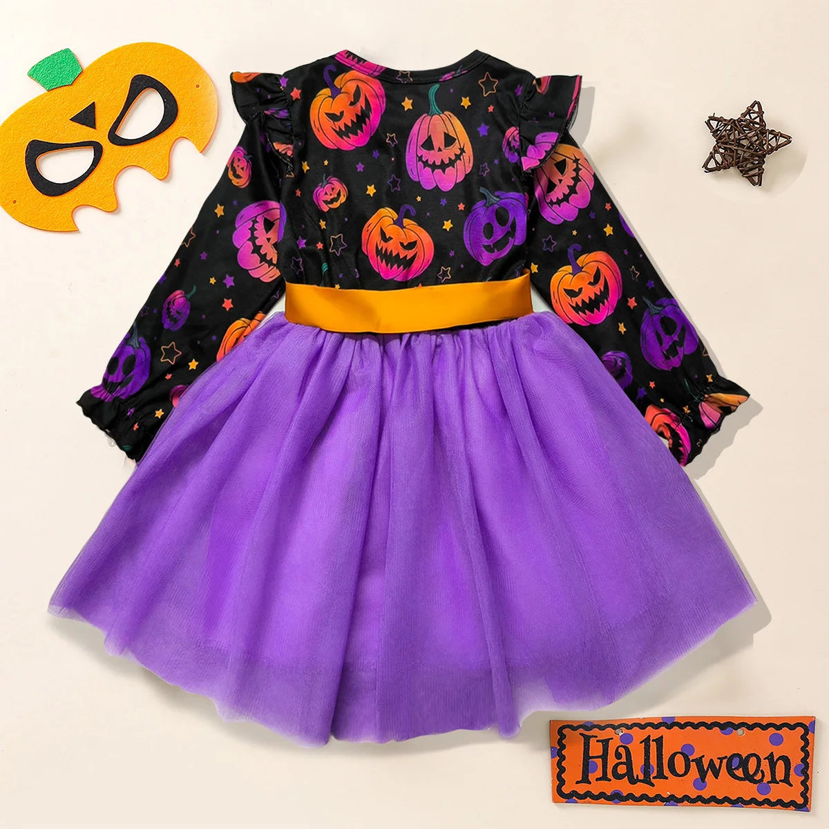 Girls Halloween Pumpkin Ghost Long Sleeve Party Dress