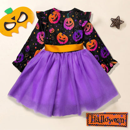 Girls Halloween Pumpkin Ghost Long Sleeve Party Dress