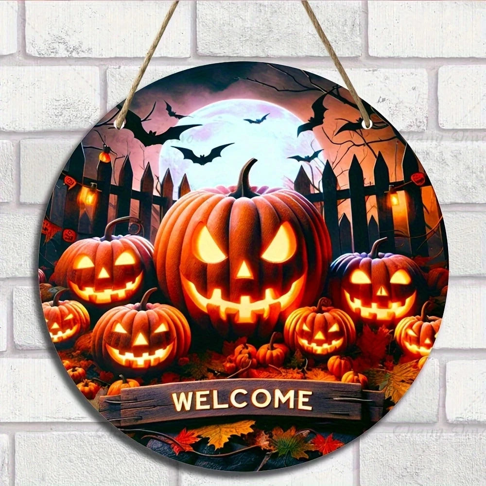 Halloween Wooden Round Sign with Pumpkin