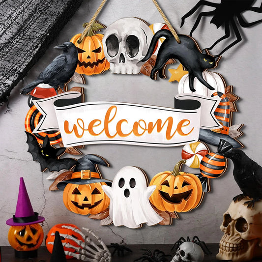 Halloween Wooden Welcome Wreath