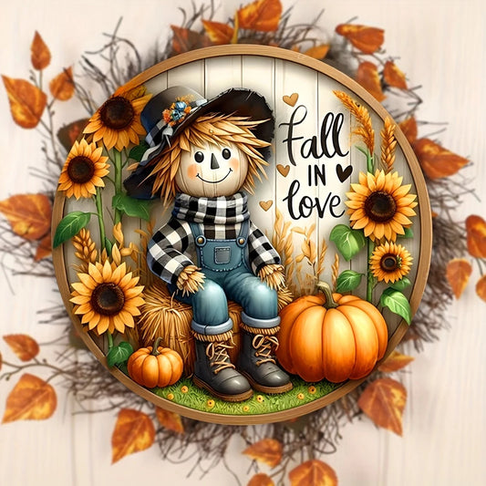 Round Scarecrow Fall Harvest Metal Sign
