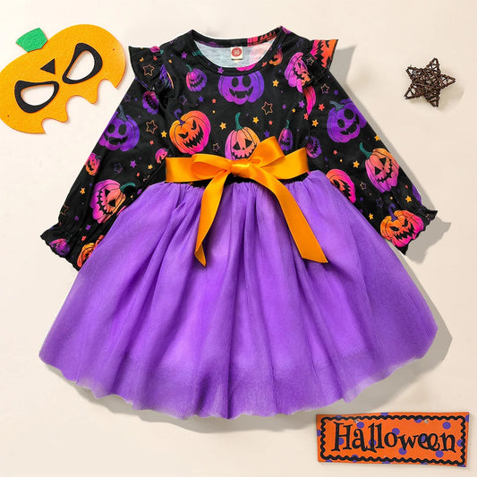 Girls Halloween Pumpkin Ghost Long Sleeve Party Dress