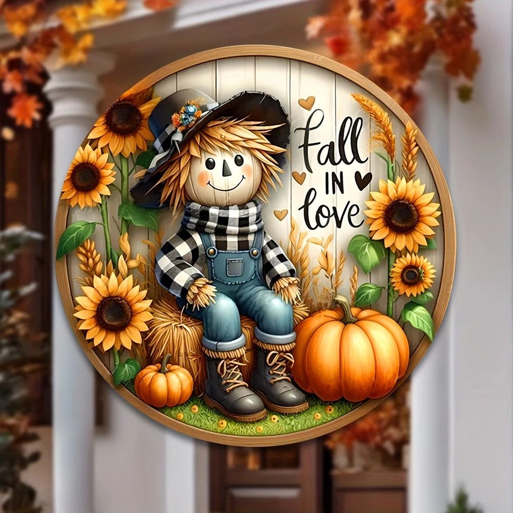 Round Scarecrow Fall Harvest Metal Sign