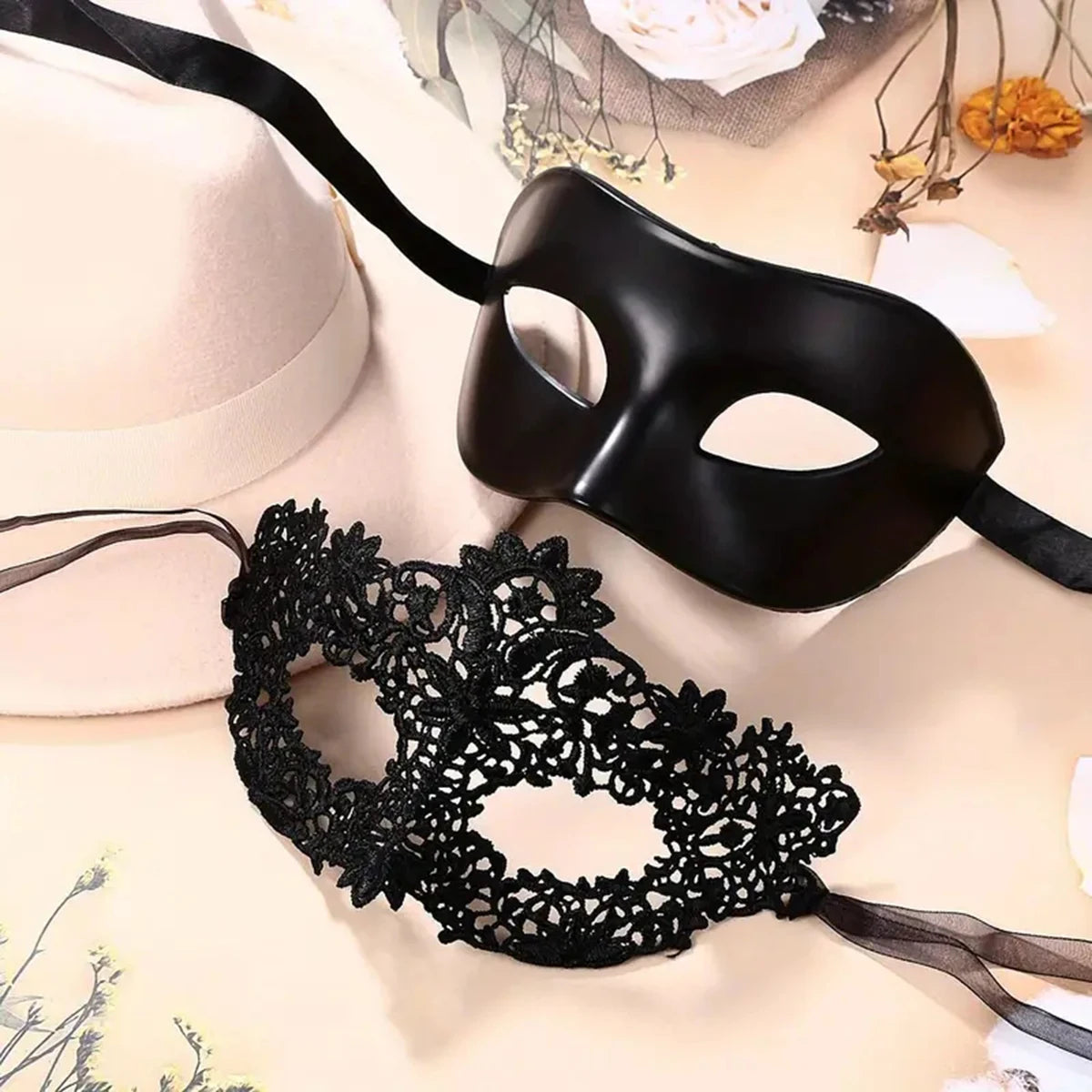 Elegant Black Lace Masquerade Mask Set