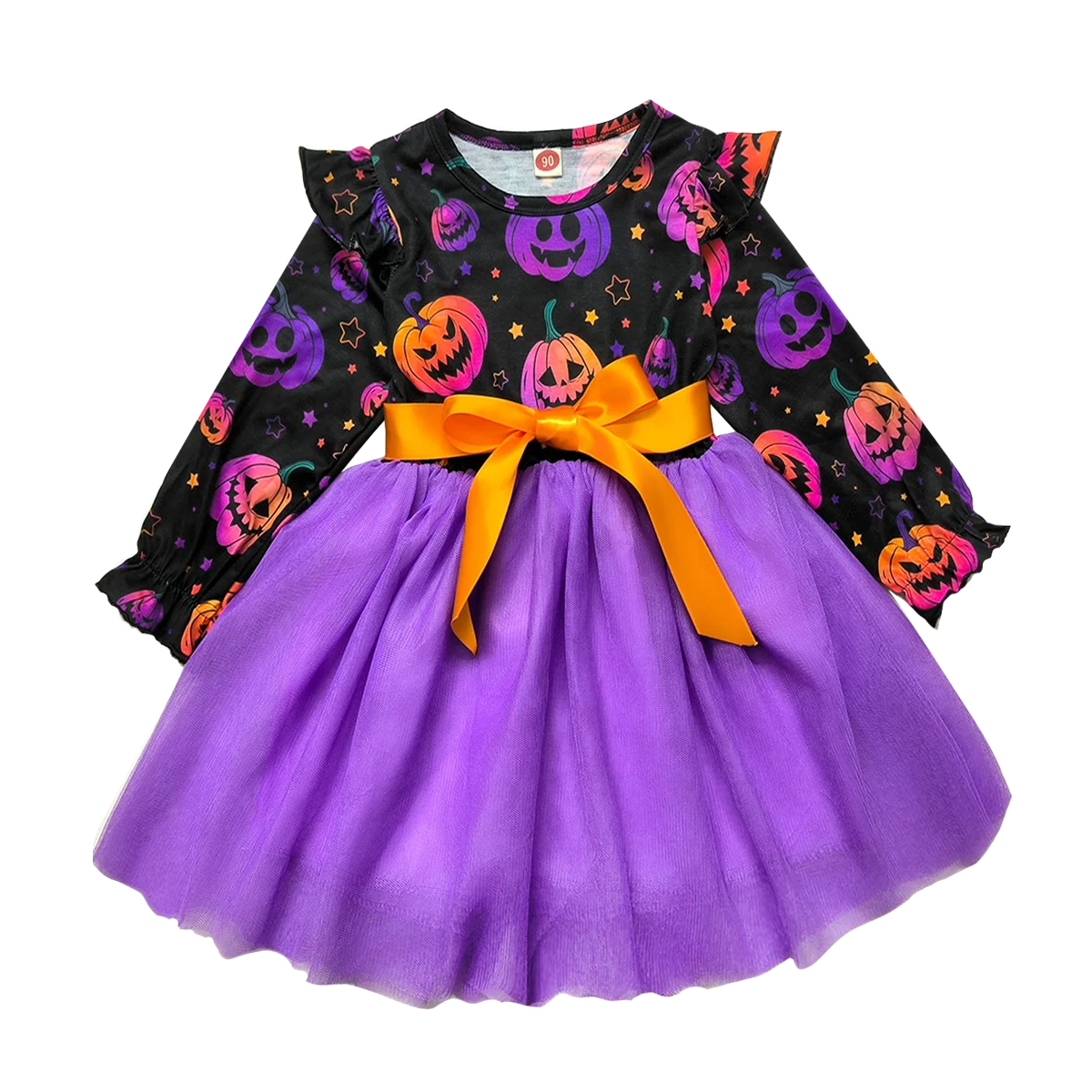 Girls Halloween Pumpkin Ghost Long Sleeve Party Dress
