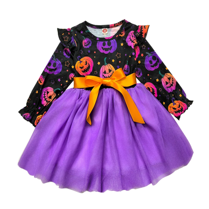 Girls Halloween Pumpkin Ghost Long Sleeve Party Dress